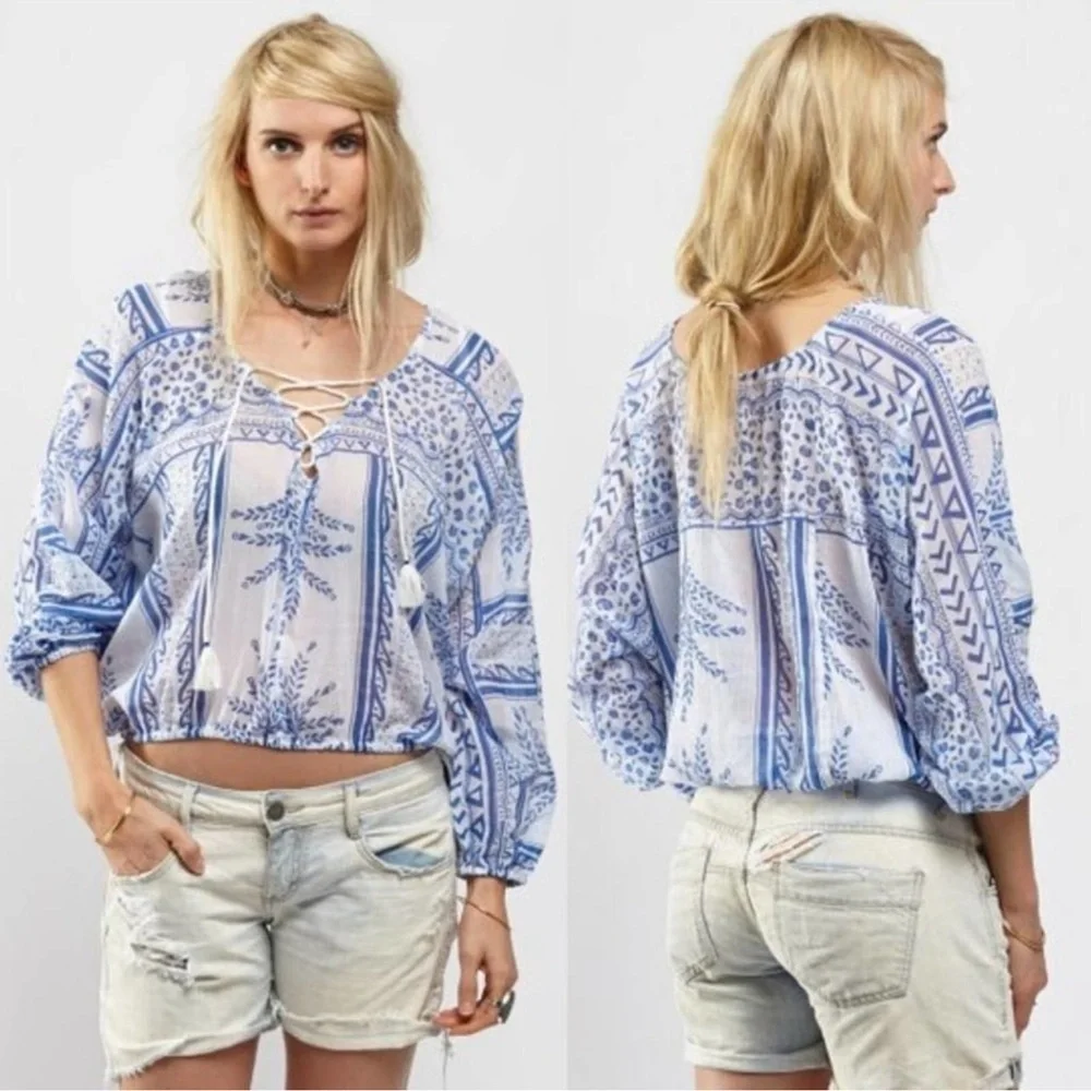 Free People Yo Yo Geo Peasant Blouse